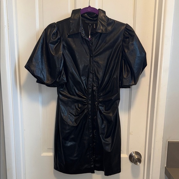 English Factory Dresses & Skirts - English Factory Black Faux Leather Dress with Puff Sleeves